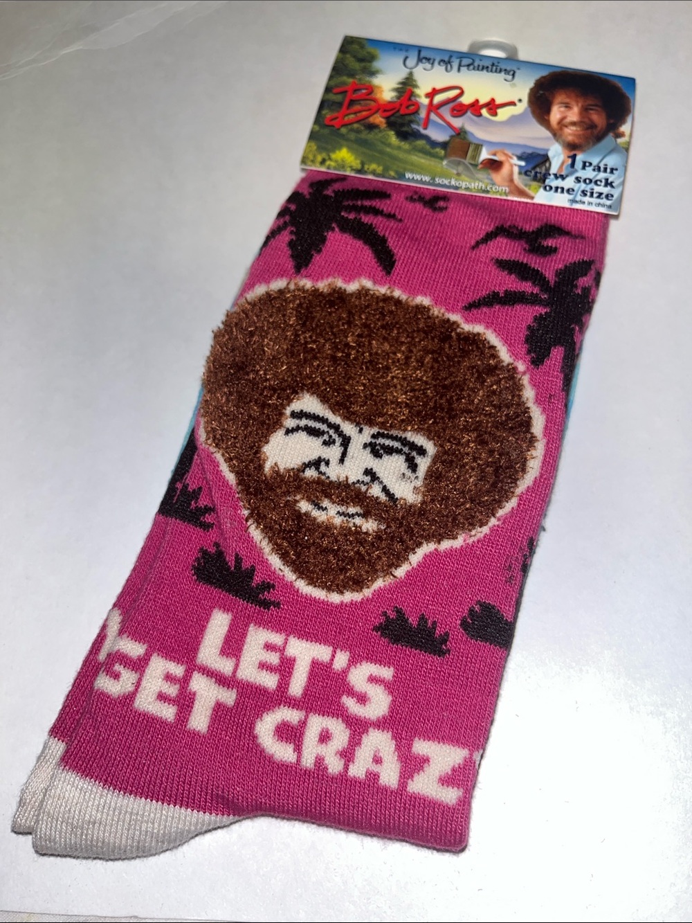 Bob Ross Novelty Crew Socks w/Fuzzy Face Detail pink&brwn women’s sz9-14 men8-12